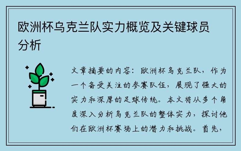 欧洲杯乌克兰队实力概览及关键球员分析